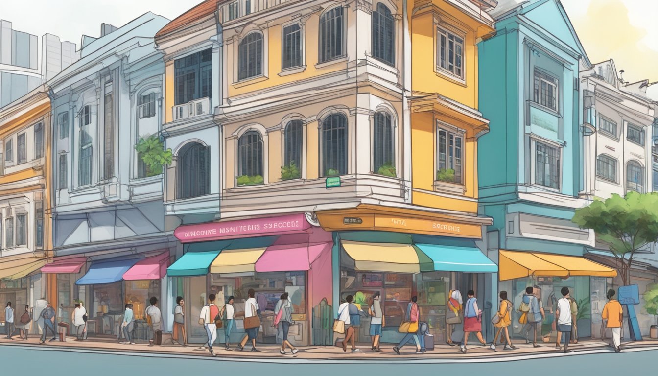 A bustling Singapore street with colorful storefronts and a prominent "anothersole" sign. People walk by, some pointing at the store