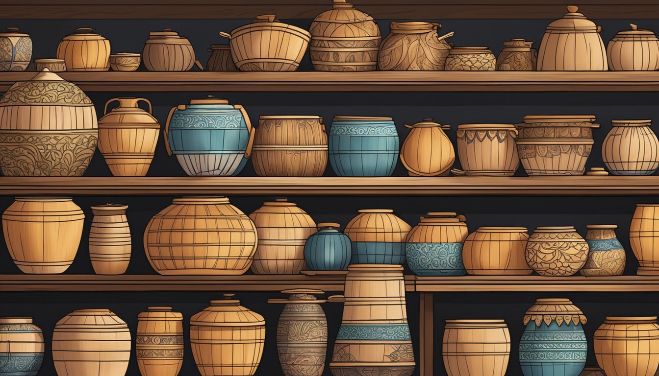 A wooden rice bucket sits on a shelf in a bustling market in Singapore. The bucket is beautifully crafted with intricate designs, and it is surrounded by other traditional kitchenware
