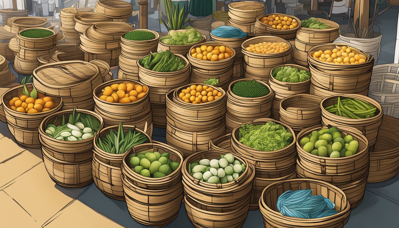 Bamboo steamer baskets in a bustling Singapore market, displayed on a vendor's table with a variety of sizes and designs available for purchase