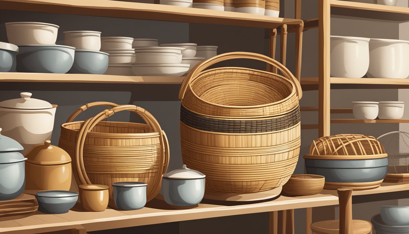 A bamboo steamer basket sits on a shelf in a traditional Asian kitchenware store in Singapore. The light brown, woven basket is surrounded by other cooking utensils and kitchenware