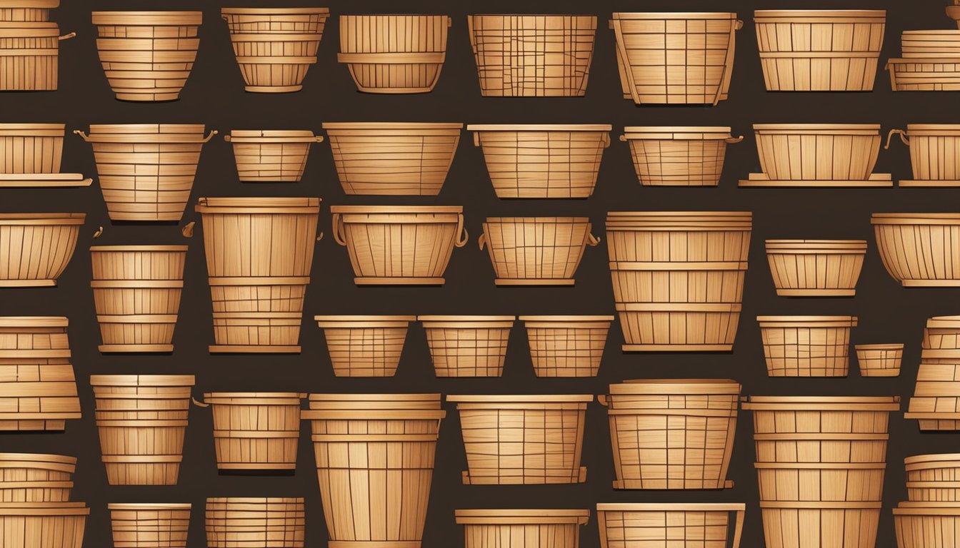 Wooden rice buckets displayed in neat rows at top retailers in Singapore. Rich wood tones and sleek designs catch the eye