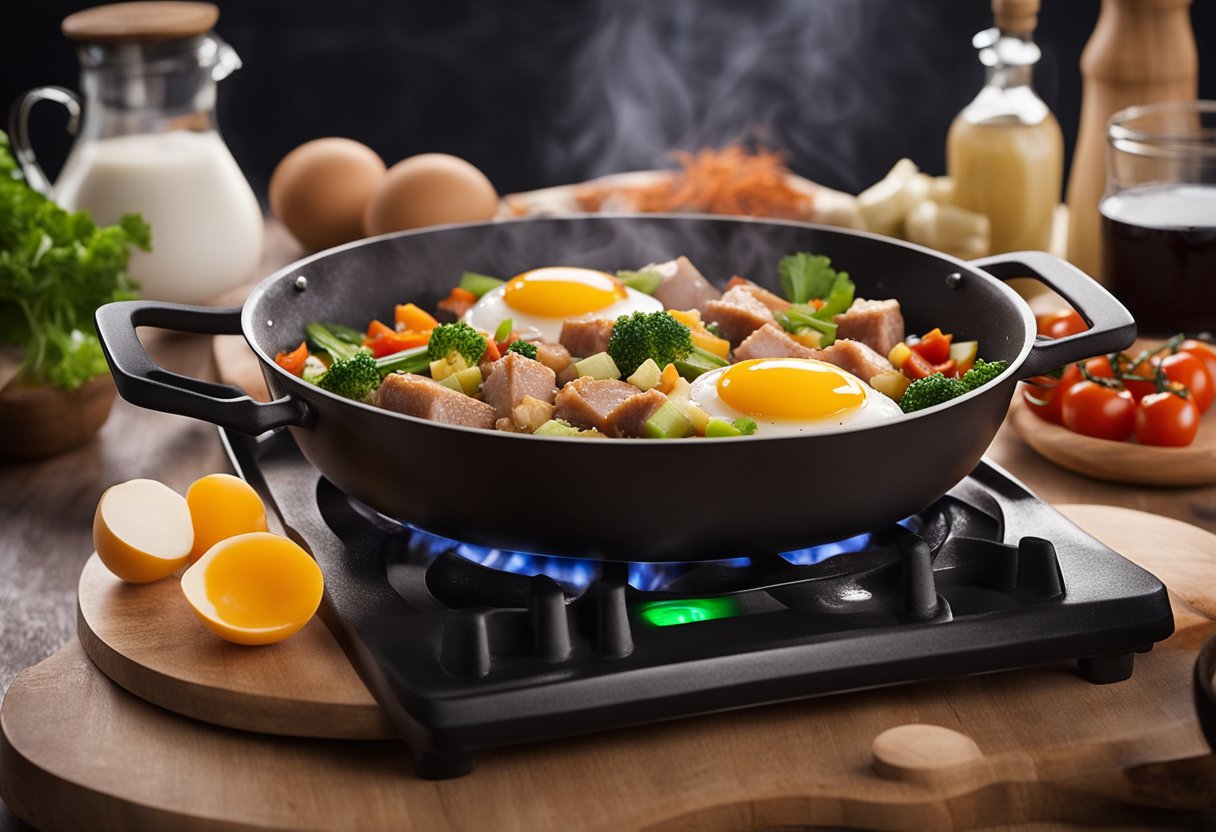 A sizzling hot pan with diced pork, eggs, and vegetables being cooked together, surrounded by various ingredients and a nutritional information label