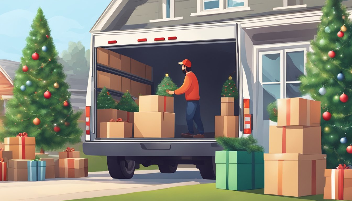 A delivery truck unloads Christmas trees at a customer's doorstep. A person waters and decorates the tree in their living room