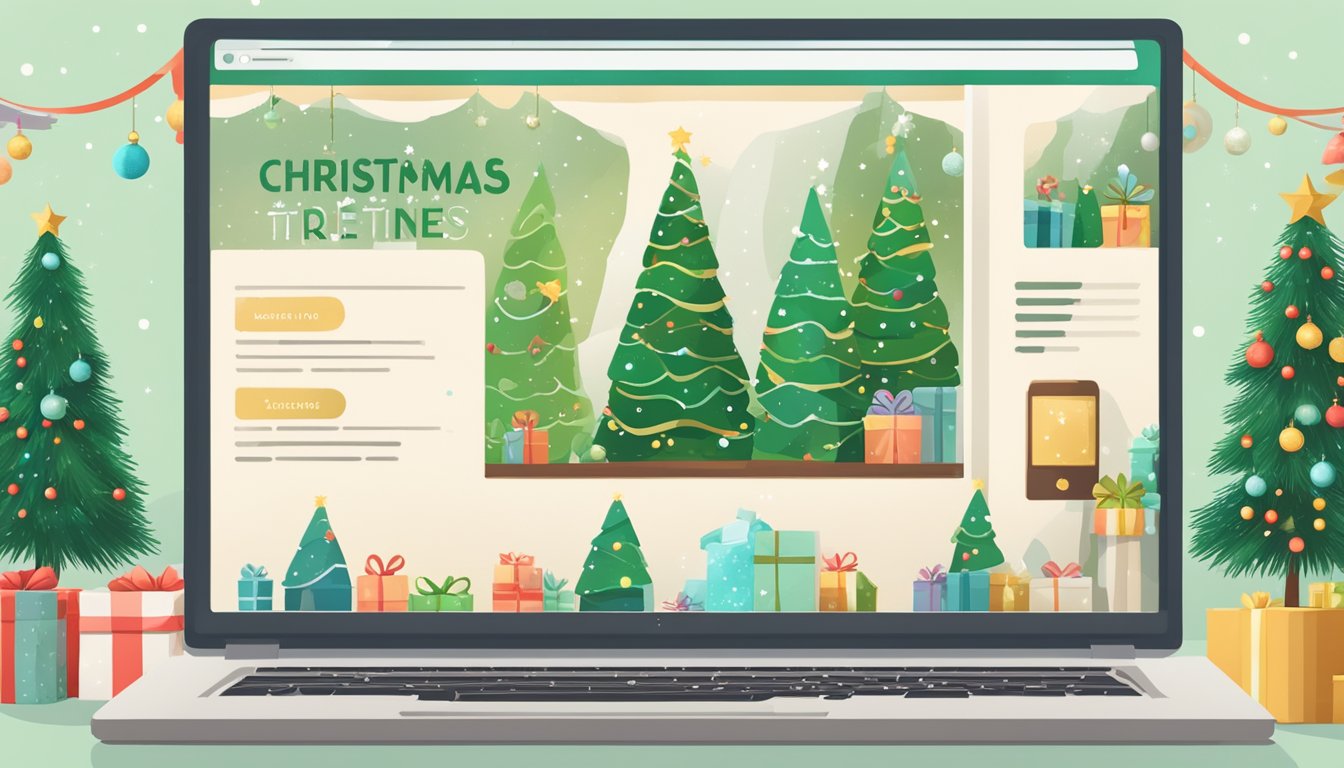 A computer screen with a search bar displaying "where to buy Christmas trees online" surrounded by festive decorations and a cozy atmosphere