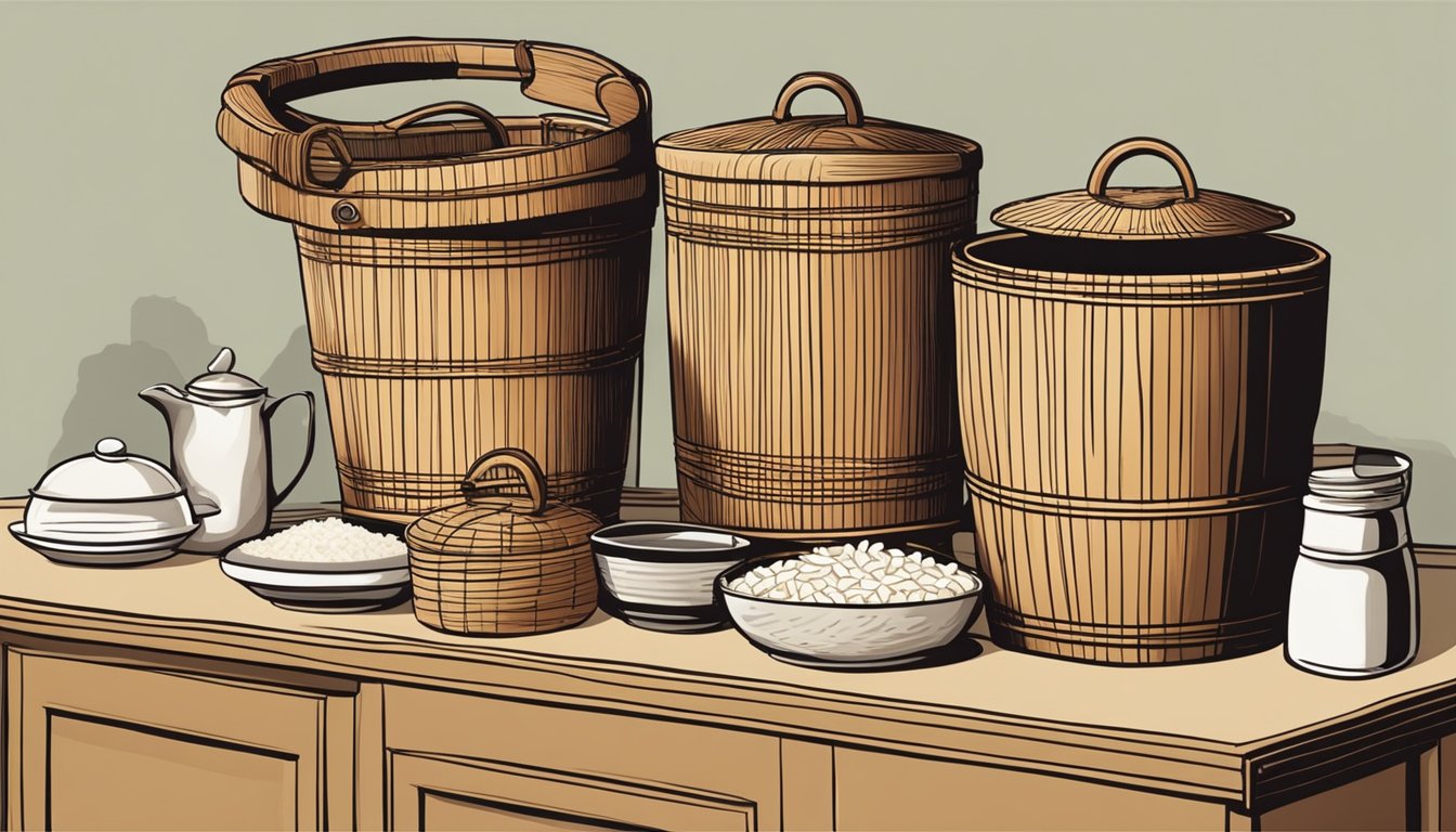 A wooden rice bucket sits on a kitchen counter, surrounded by various options for purchase. The warm wood grain and sturdy construction make it an appealing choice for storing rice
