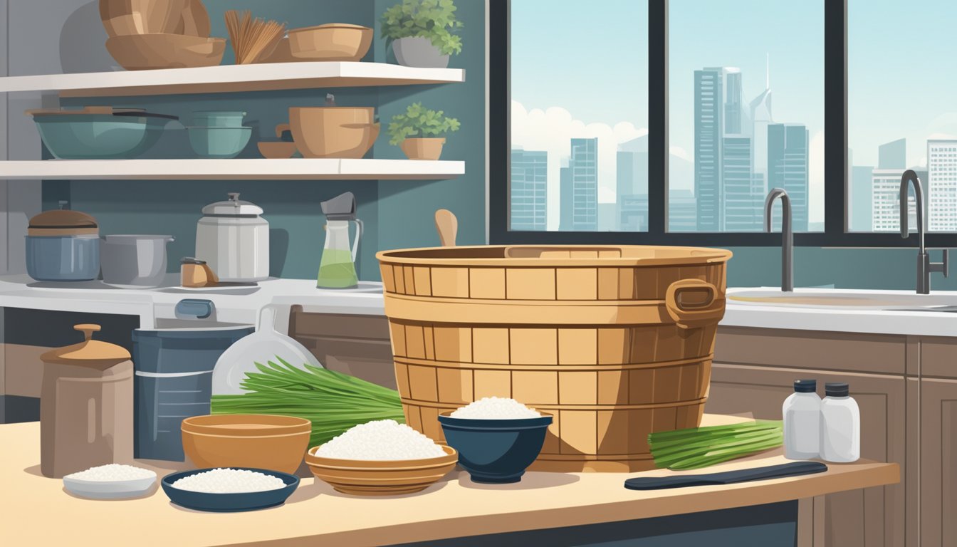 A wooden rice bucket sits on a shelf in a modern kitchen, surrounded by other cooking utensils. Singaporean landmarks are visible through a nearby window