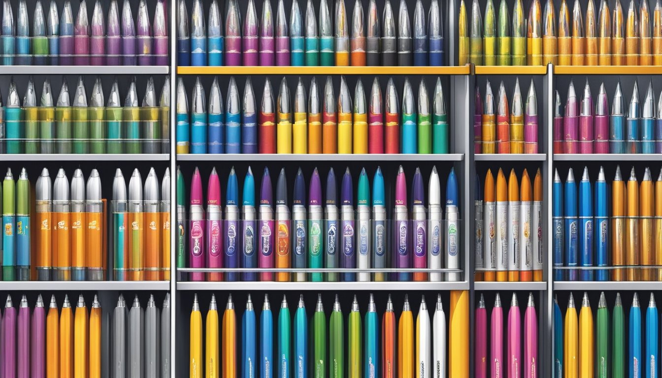 Bic pens displayed on shelves in a well-lit store in Singapore