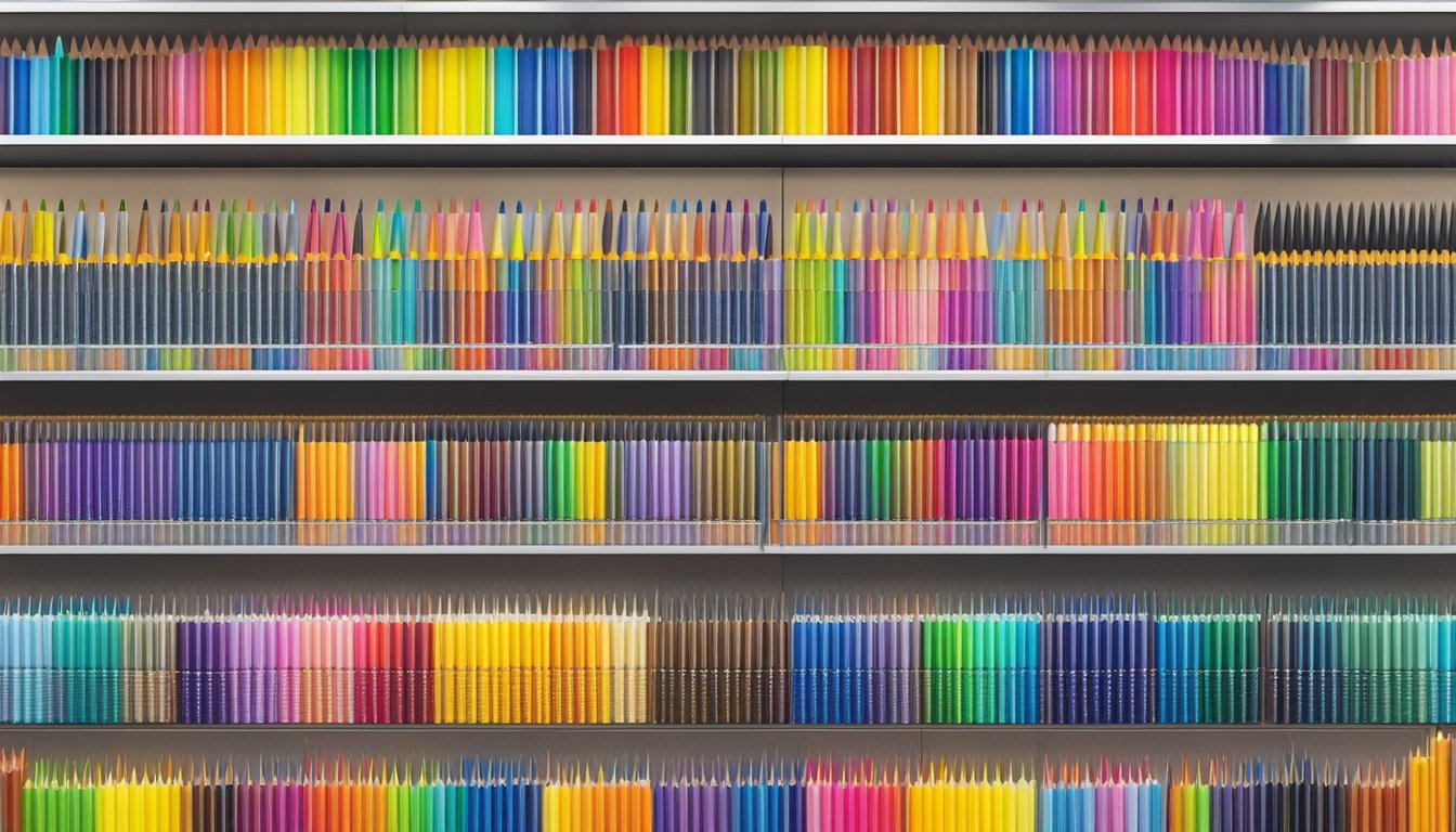 A vibrant display of BIC pens on a well-lit shelf in a modern Singapore stationery store