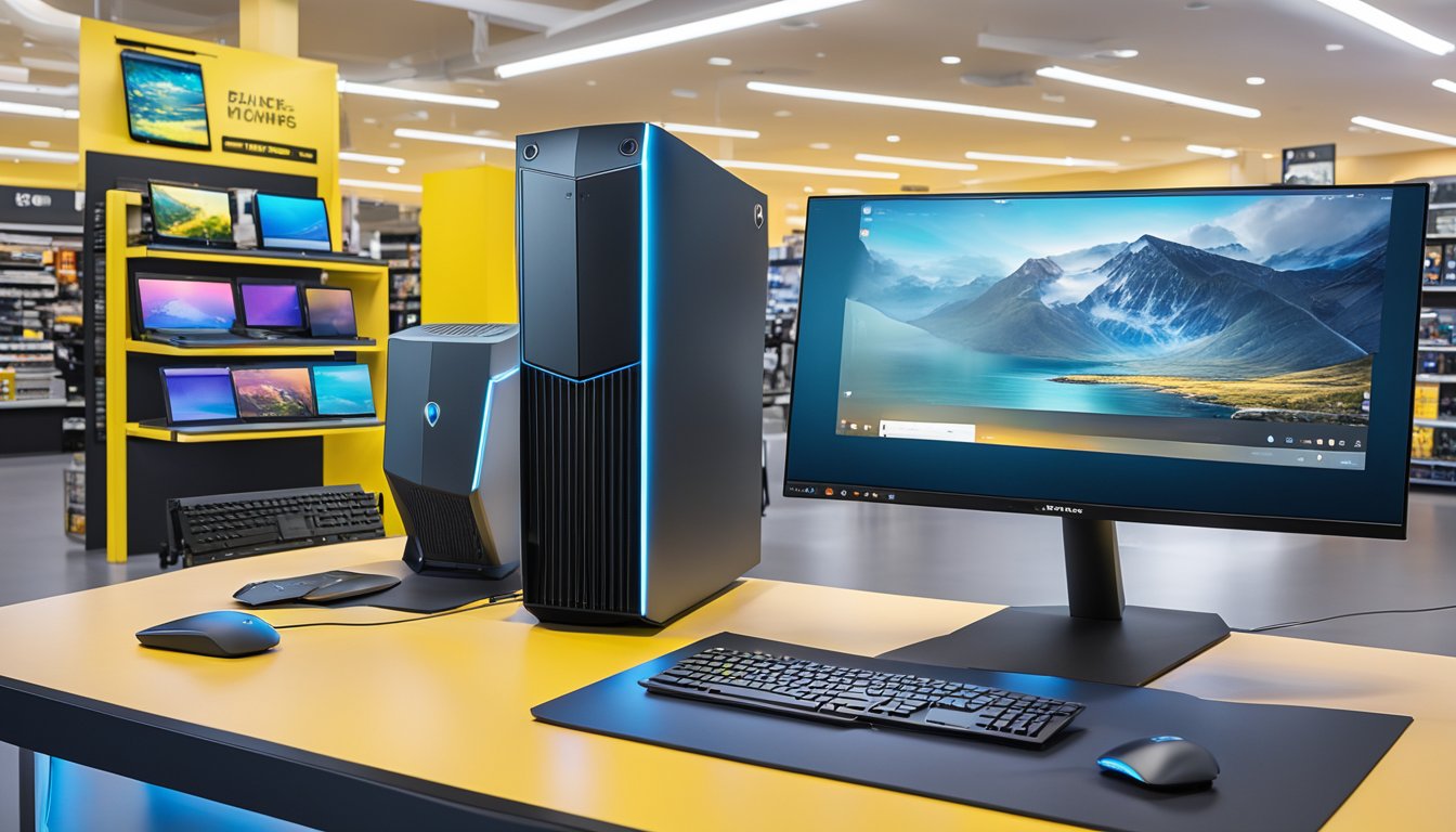 An Alienware PC sits prominently on a display shelf at Best Buy, surrounded by other high-tech gadgets and electronics. The sleek, futuristic design of the computer stands out against the backdrop of the store