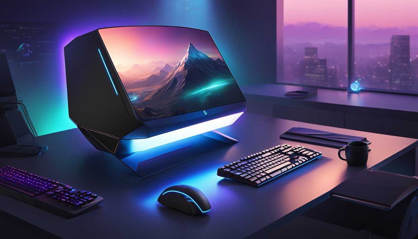 A sleek Alienware PC sits on a futuristic desk, glowing with power and potential. The room is dimly lit, with the only source of light emanating from the PC itself