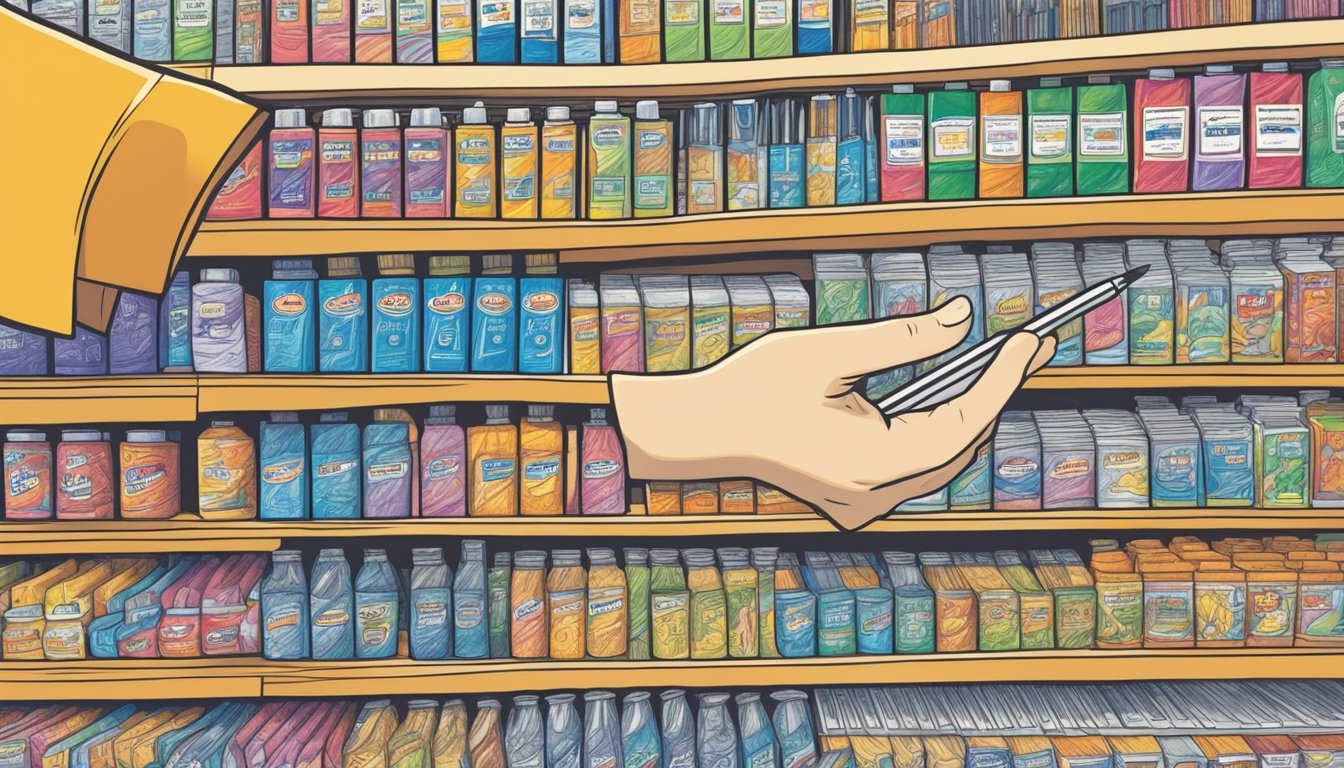 A hand reaches for a BIC pen on a store shelf in Singapore