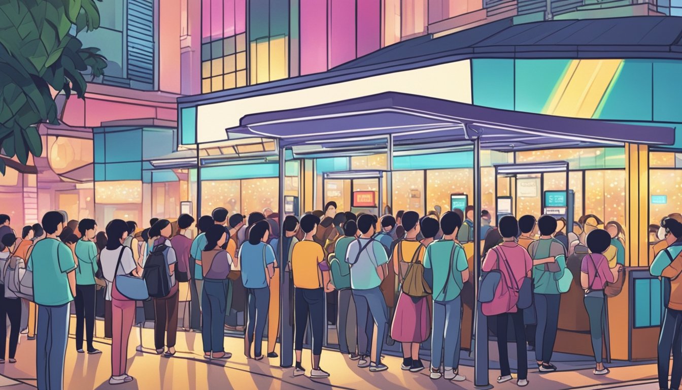 Crowds line up at ticket booth in Singapore, eager to purchase concert tickets. Bright lights illuminate the bustling scene
