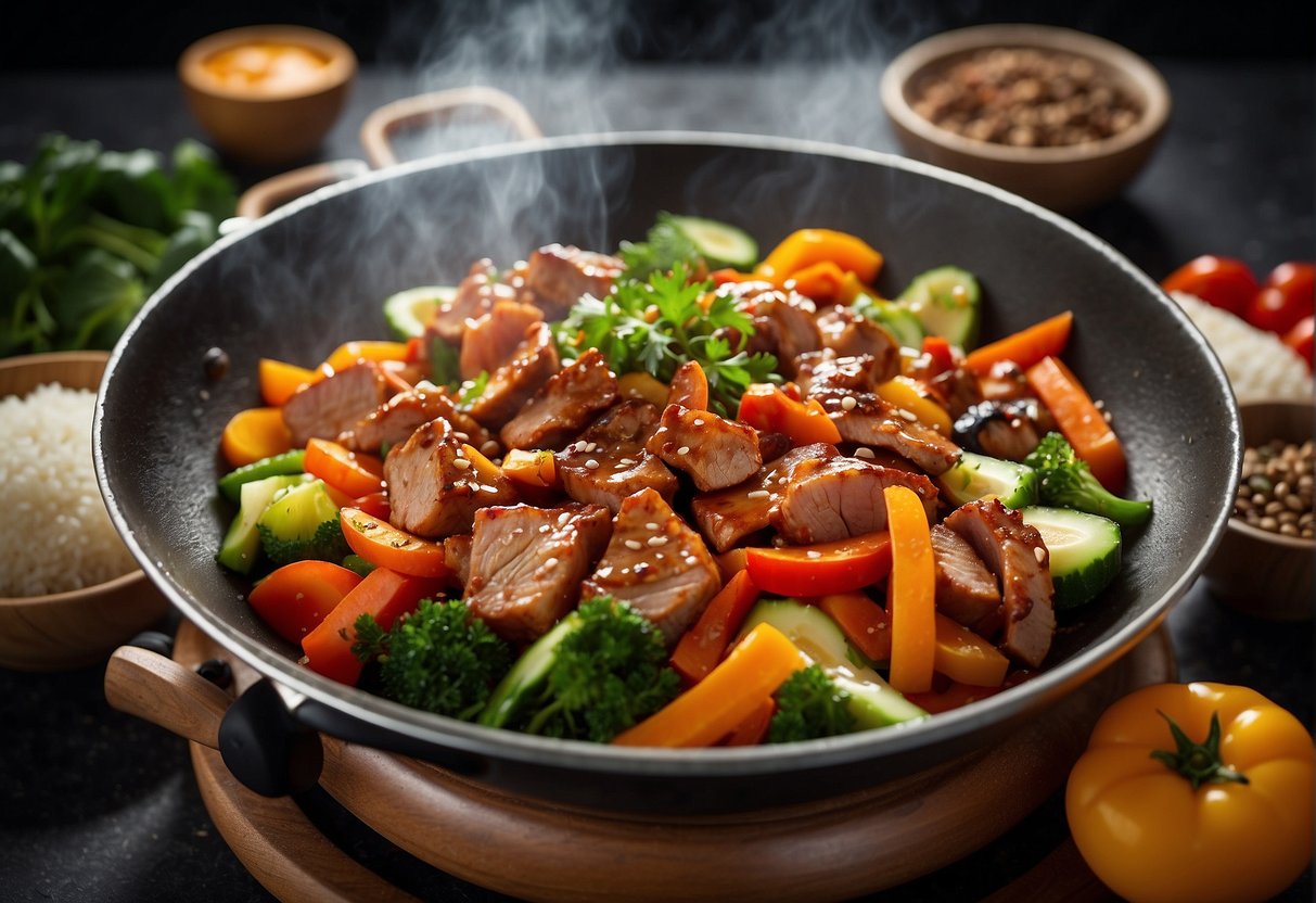 A sizzling wok filled with tender strips of marinated pork, surrounded by colorful vegetables and aromatic spices
