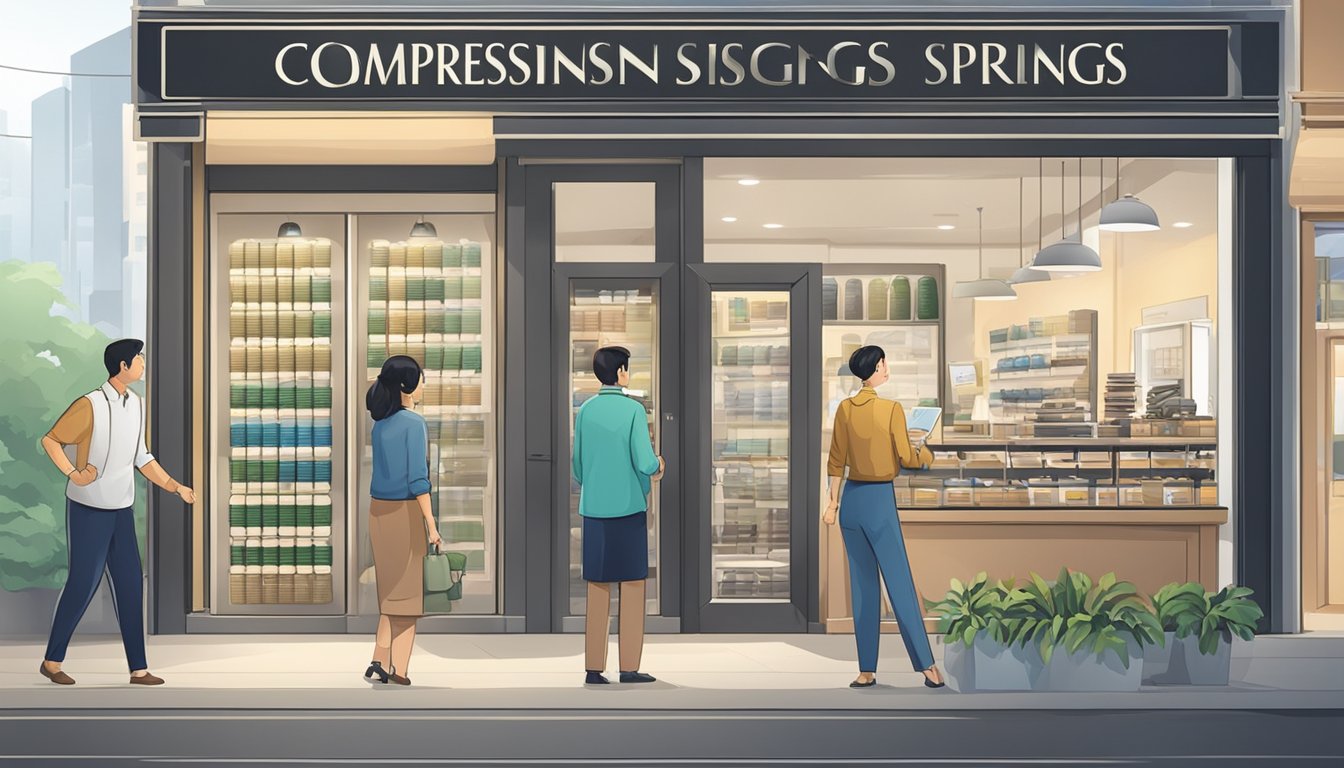 A store sign for "Compression Springs" in Singapore, with customers entering and asking questions to a salesperson