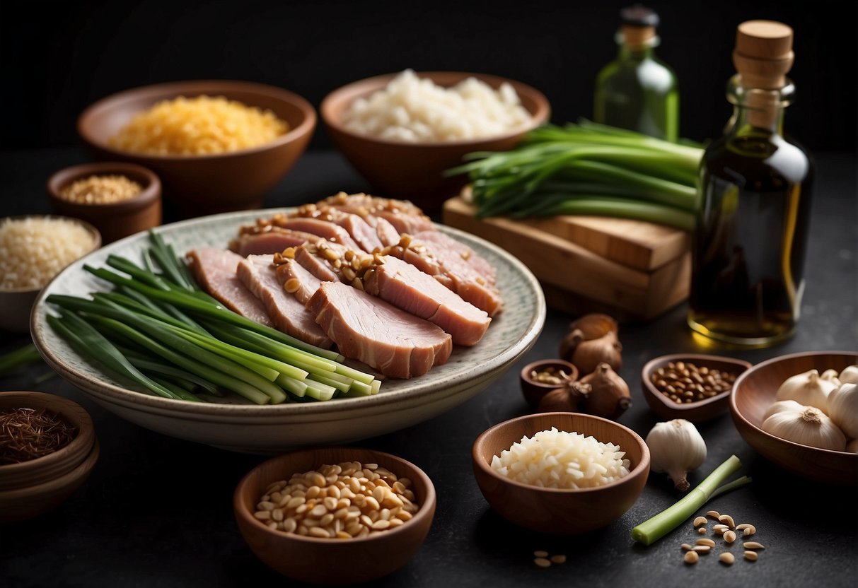 A table with various ingredients: pork, soy sauce, ginger, garlic, green onions, and cooking wine. Bowls, knives, and a cutting board