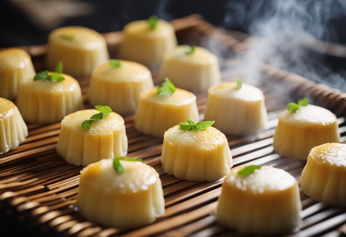 A steaming bamboo basket filled with freshly made Chinese steamed egg cakes, emitting a warm and sweet aroma