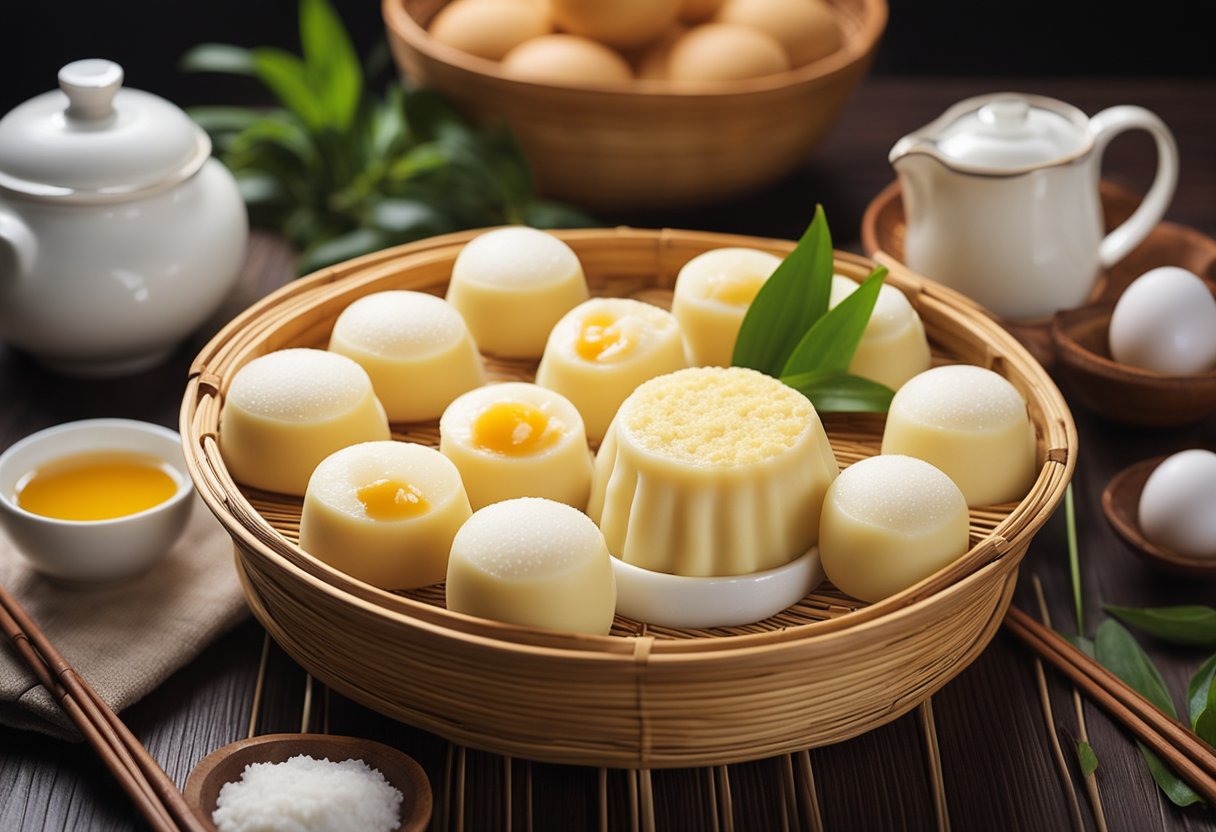 A steaming bamboo basket filled with traditional Chinese steamed egg cake, surrounded by the ingredients of sugar, flour, and eggs