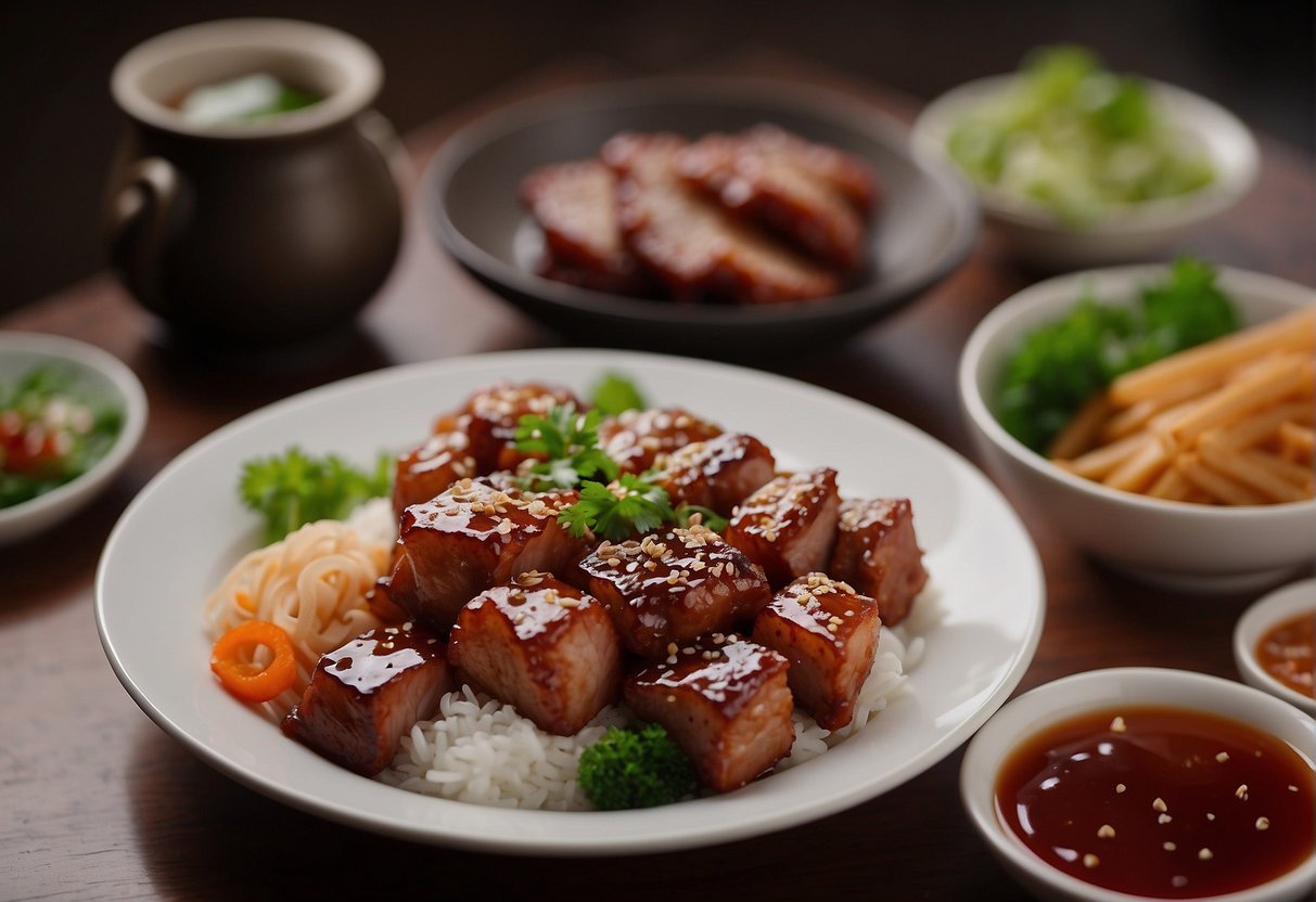 A table filled with aromatic dishes: sweet and sour pork, char siu, and twice-cooked pork. Chopsticks rest on the side