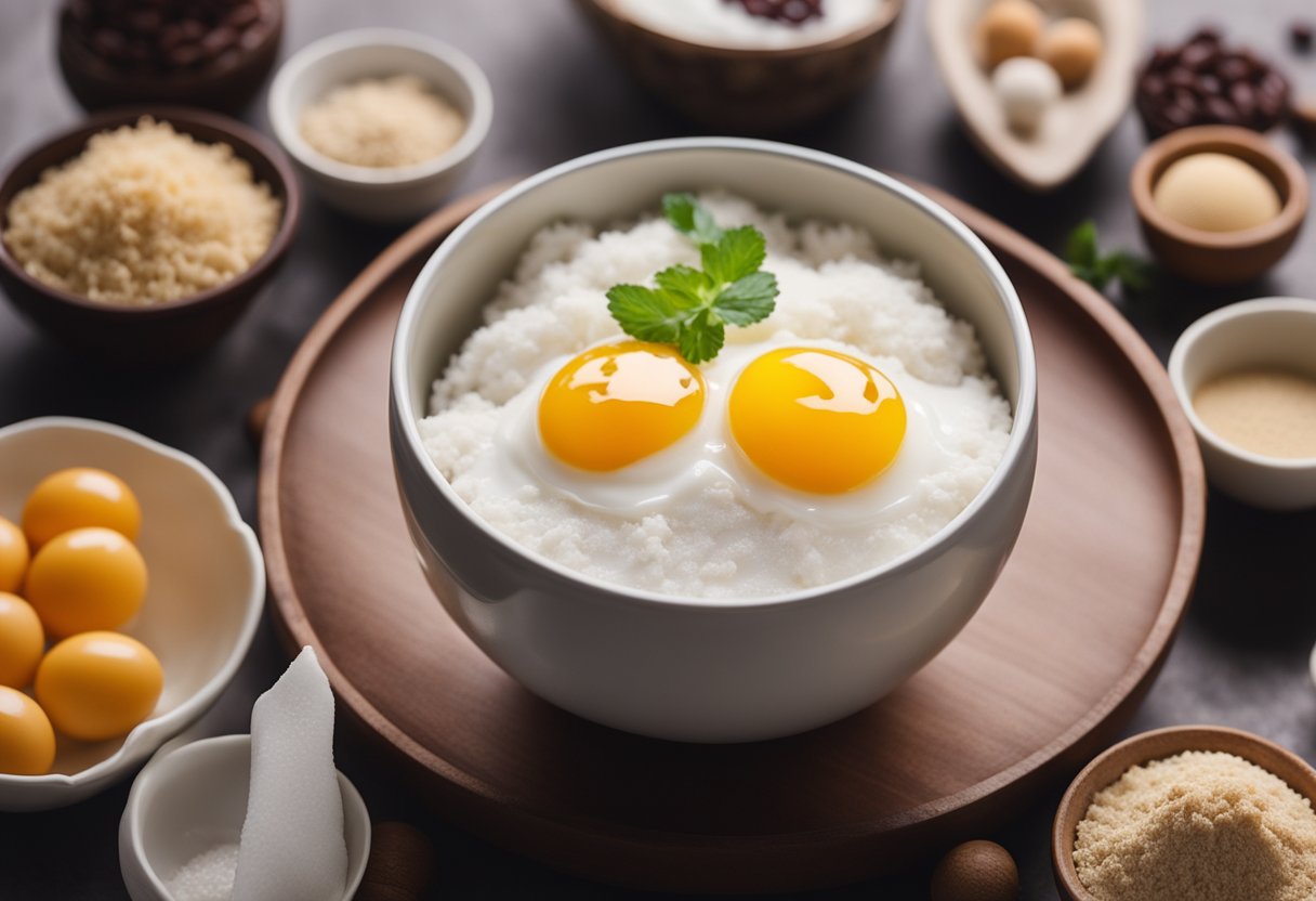 A mixing bowl filled with beaten eggs, sugar, and flour, surrounded by small dishes of traditional Chinese ingredients like red bean paste and coconut milk