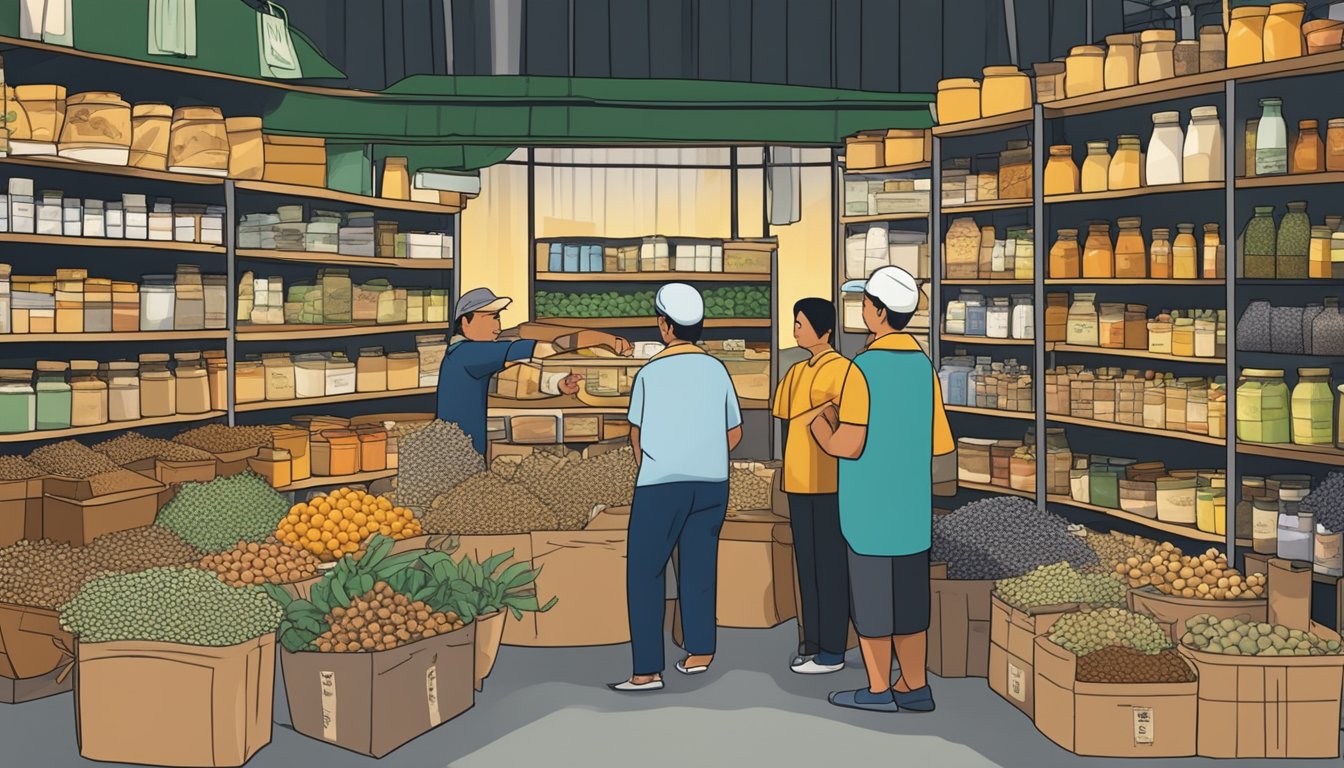 A bustling market stall in Singapore sells black seed. Shelves display various packaging options, while a vendor assists a customer with a purchase