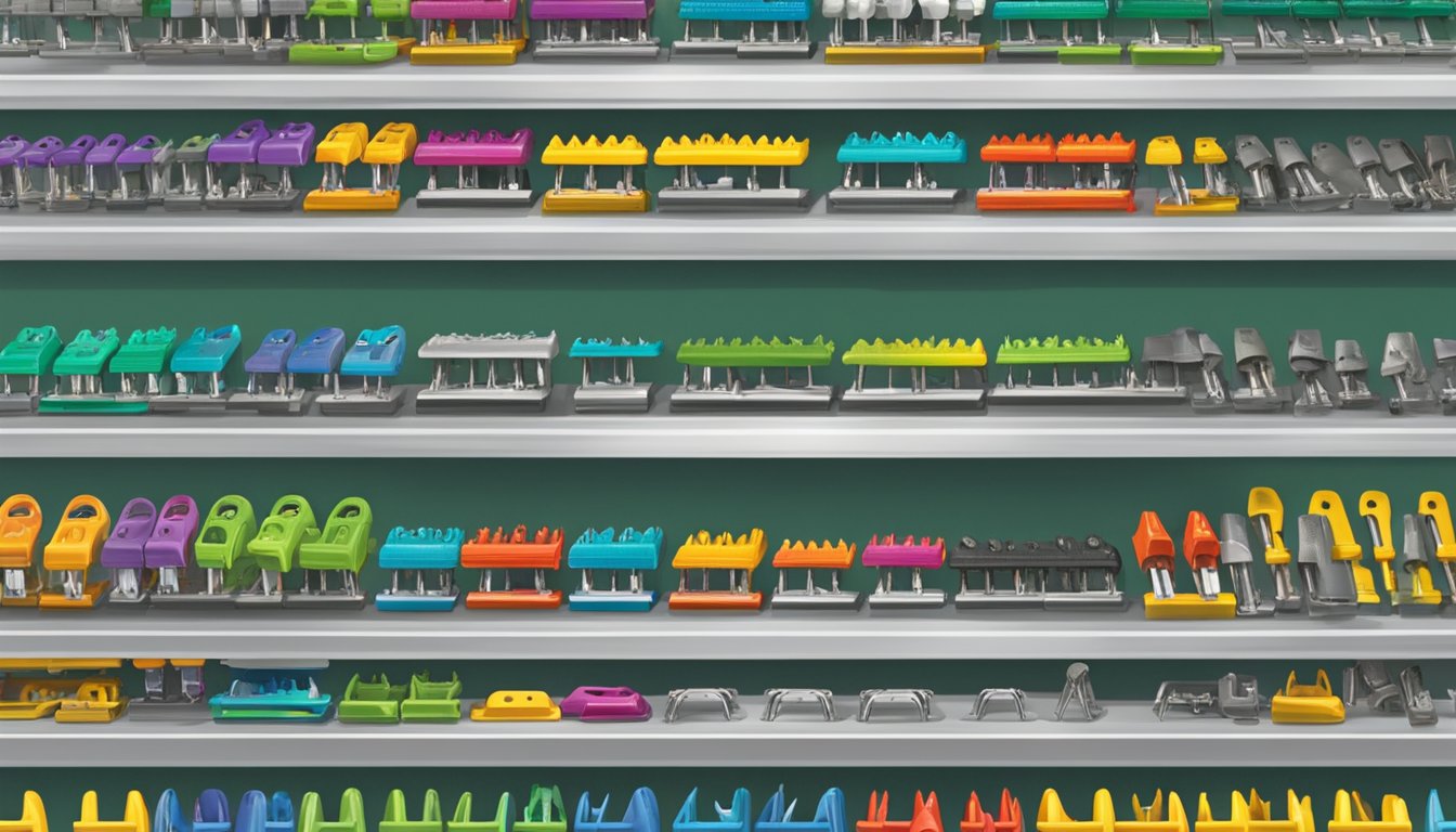 A hardware store shelf displays various crocodile clips in Singapore