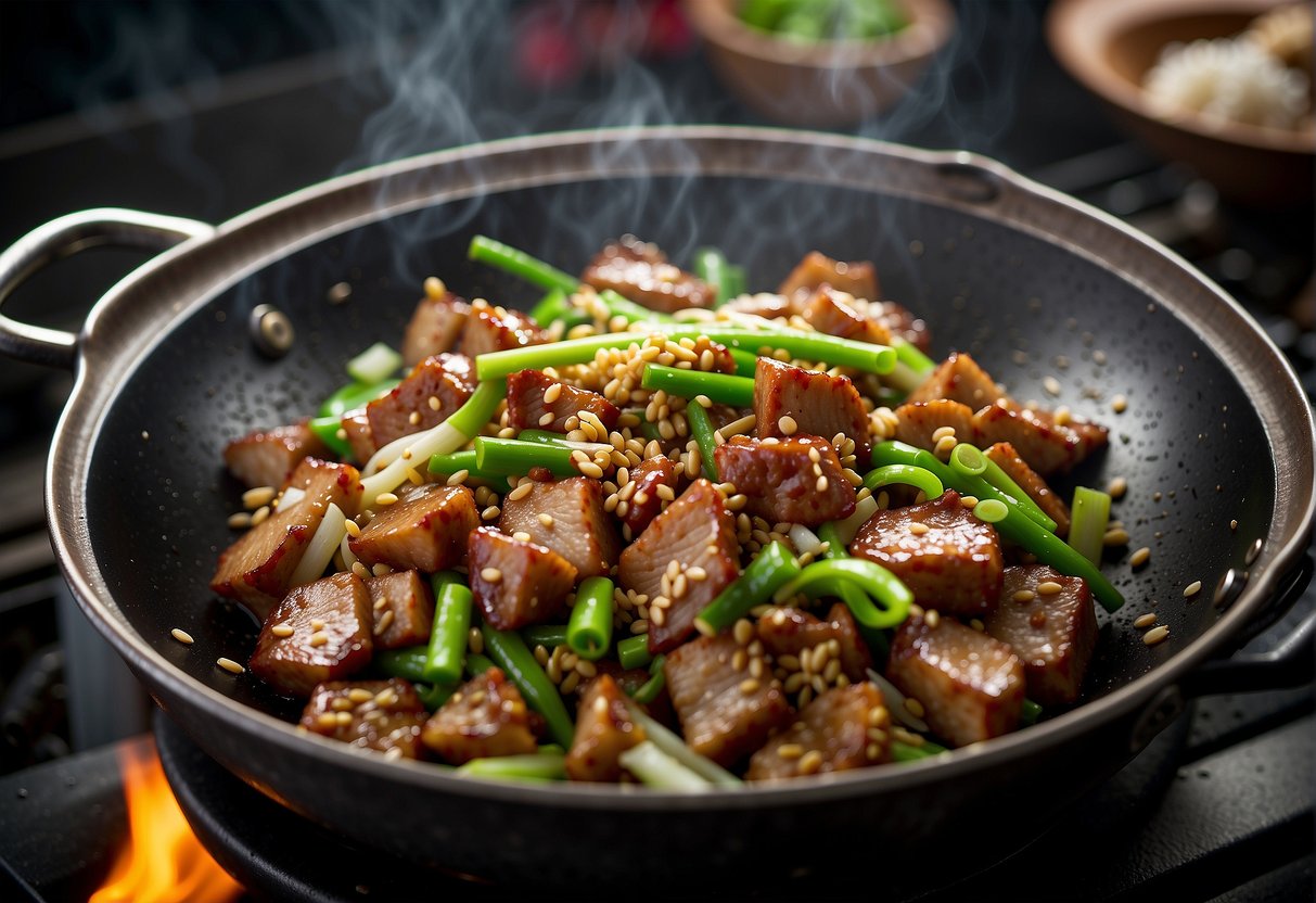 A wok sizzling with marinated pork, stir-frying in a fragrant blend of ginger, garlic, and soy sauce. Chopped scallions and sesame seeds sprinkled on top