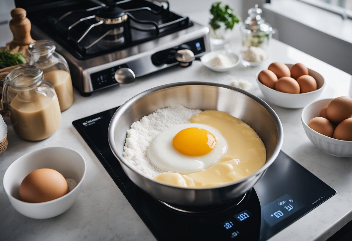 A mixing bowl filled with flour, sugar, eggs, and a steamer pot on a stove. Ingredients laid out on a countertop