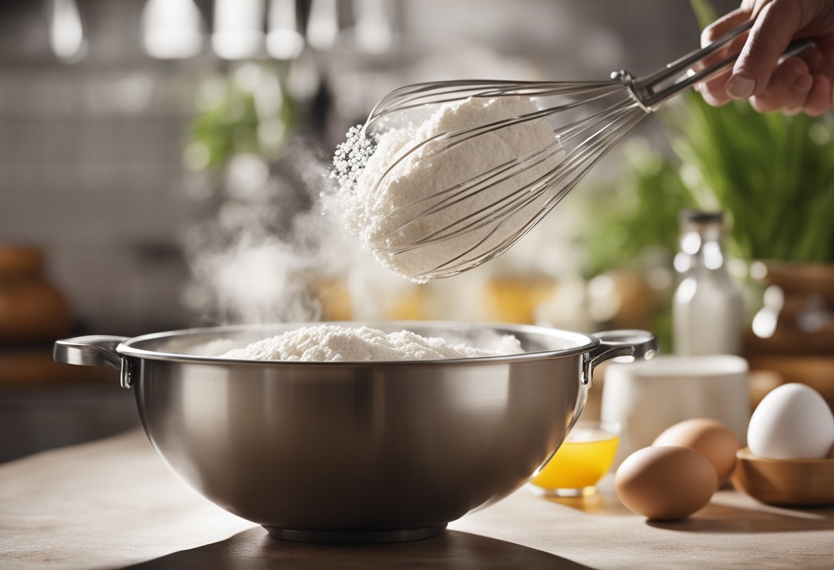 A mixing bowl filled with flour, sugar, and eggs. A whisk blending the ingredients together. A steaming pot ready for the batter