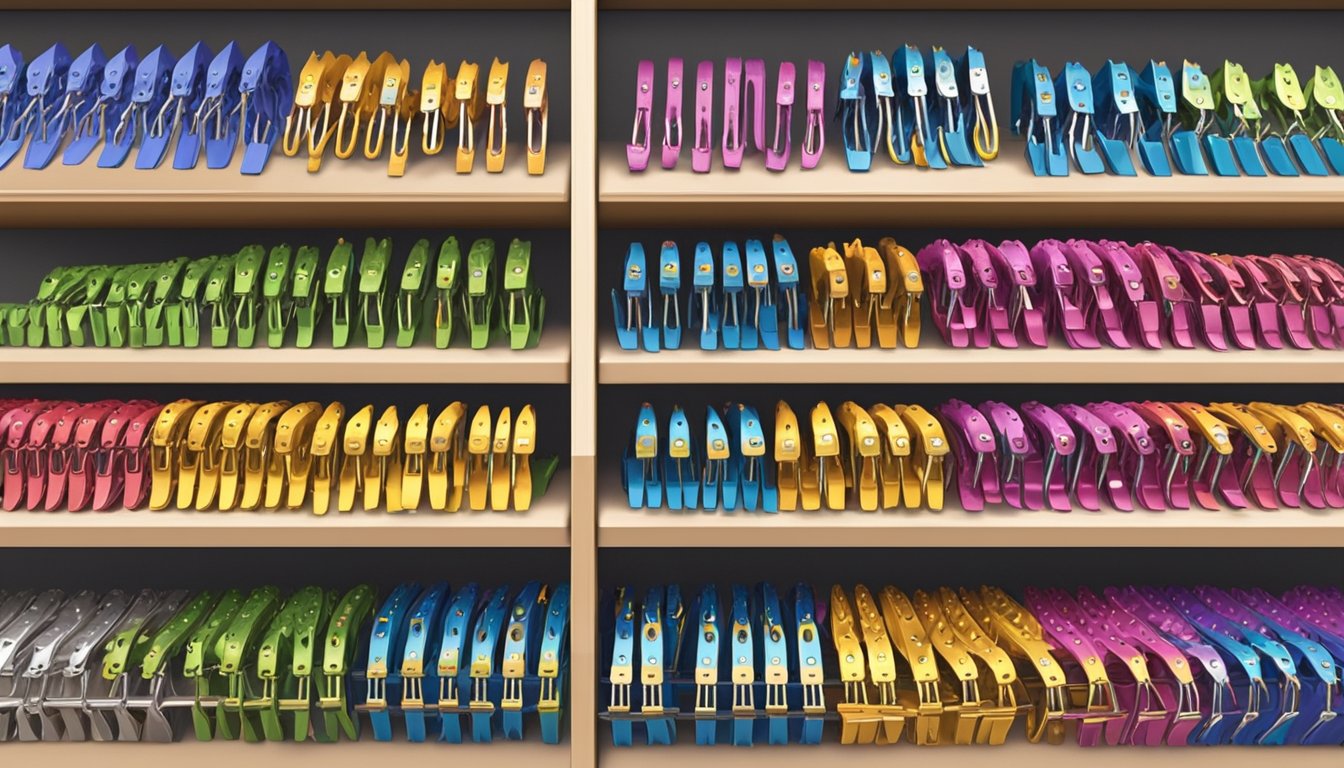 Crocodile clips of various sizes and colors arranged on a store shelf in Singapore. Specifications and prices displayed nearby