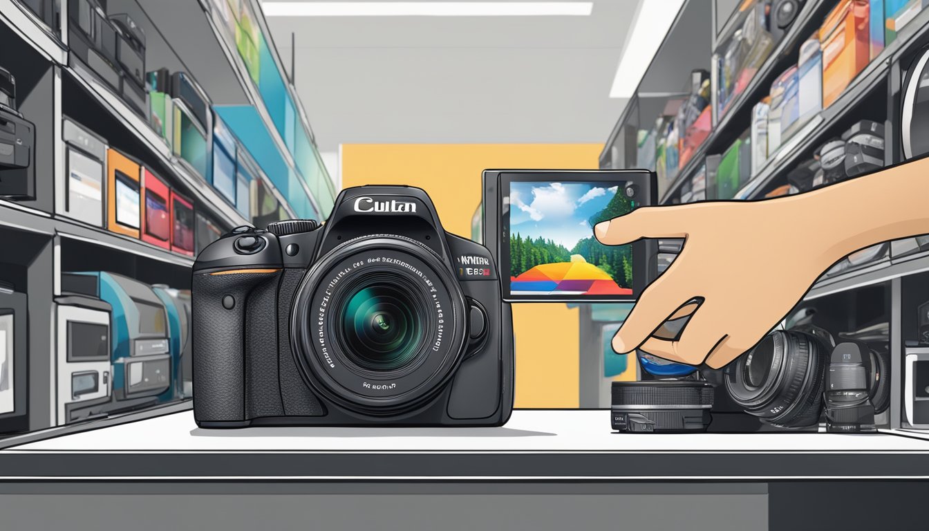 A hand reaches for a brand new DSLR camera on display in a Singapore electronics store. The camera sits on a sleek black shelf, surrounded by other photography equipment