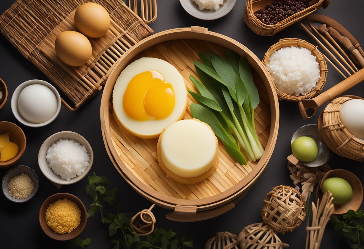 A steamed egg cake sits on a bamboo steamer, surrounded by traditional Chinese cooking utensils and ingredients