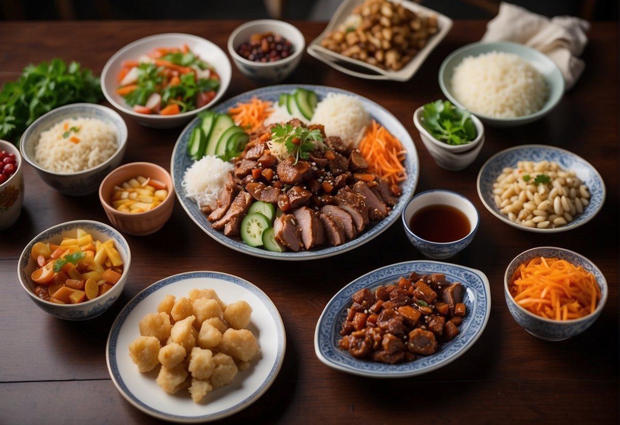 A table set with a variety of Chinese pork dishes, surrounded by colorful sides and accompaniments