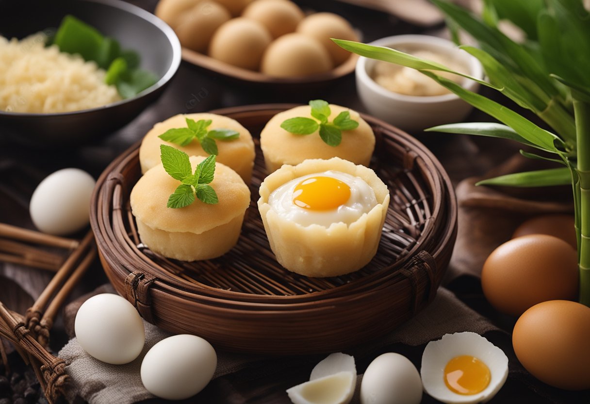 A steaming bamboo basket filled with traditional Chinese steamed egg cakes, surrounded by ingredients like eggs, sugar, and flour