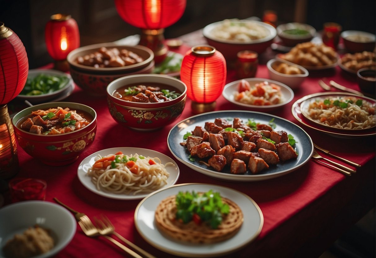 A table set with festive Chinese pork dishes, surrounded by red lanterns and traditional decorations. A family gathers to celebrate a special occasion, enjoying the delicious recipes together
