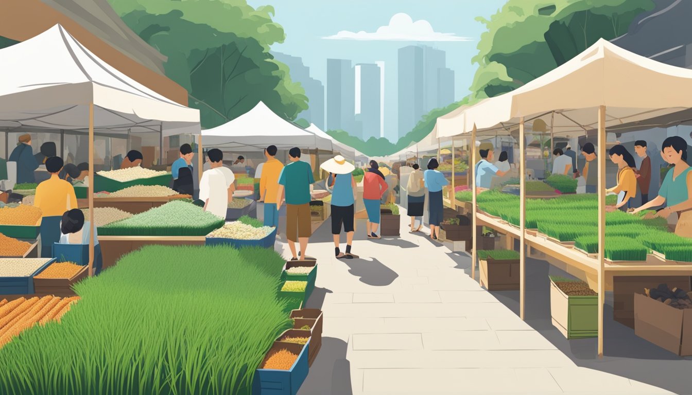A bustling outdoor market with various vendors selling carpet grass in Singapore. Shoppers are seen browsing and asking questions about the different types of grass available