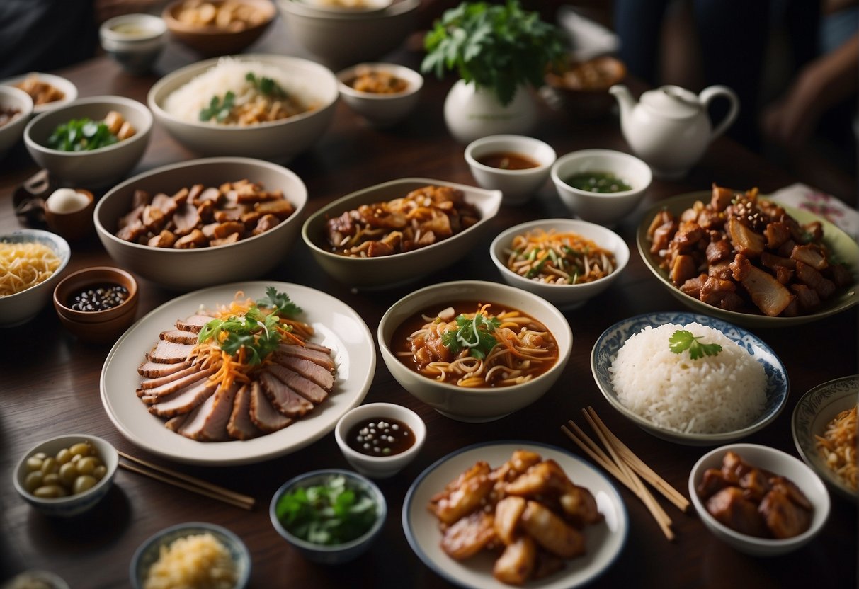 A table spread with various Chinese pork dishes, surrounded by curious onlookers