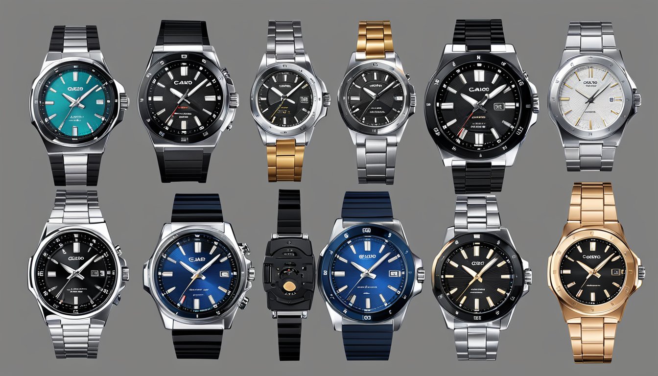 A variety of Casio watches displayed on a sleek online platform, with diverse styles and colors available for purchase