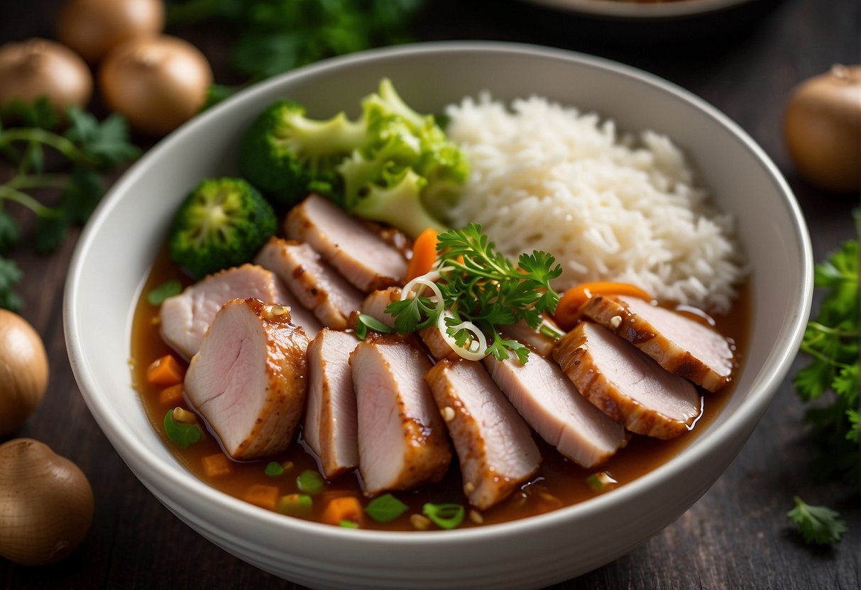 Sliced pork, ginger, garlic, and soy sauce in a slow cooker. Vegetables and broth added. Cooked until tender and served with rice