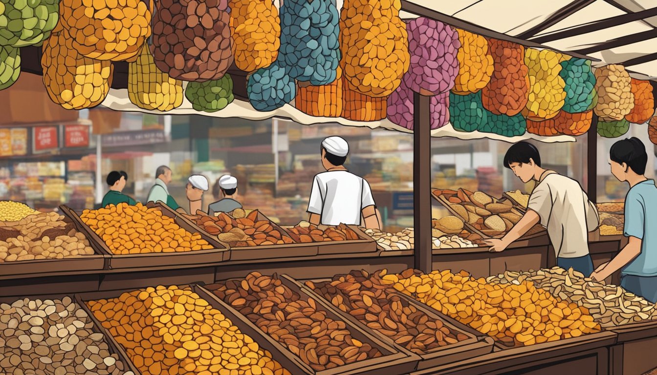 A bustling market stall displays an array of vibrant, neatly stacked dried fruits in Singapore. The aroma of sweet and tangy fruits fills the air, drawing in customers eager to purchase the delectable snacks