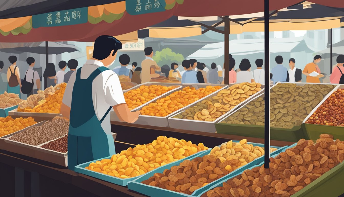 A customer carefully inspects various dried fruits at a market stall in Singapore, seeking out the highest quality options