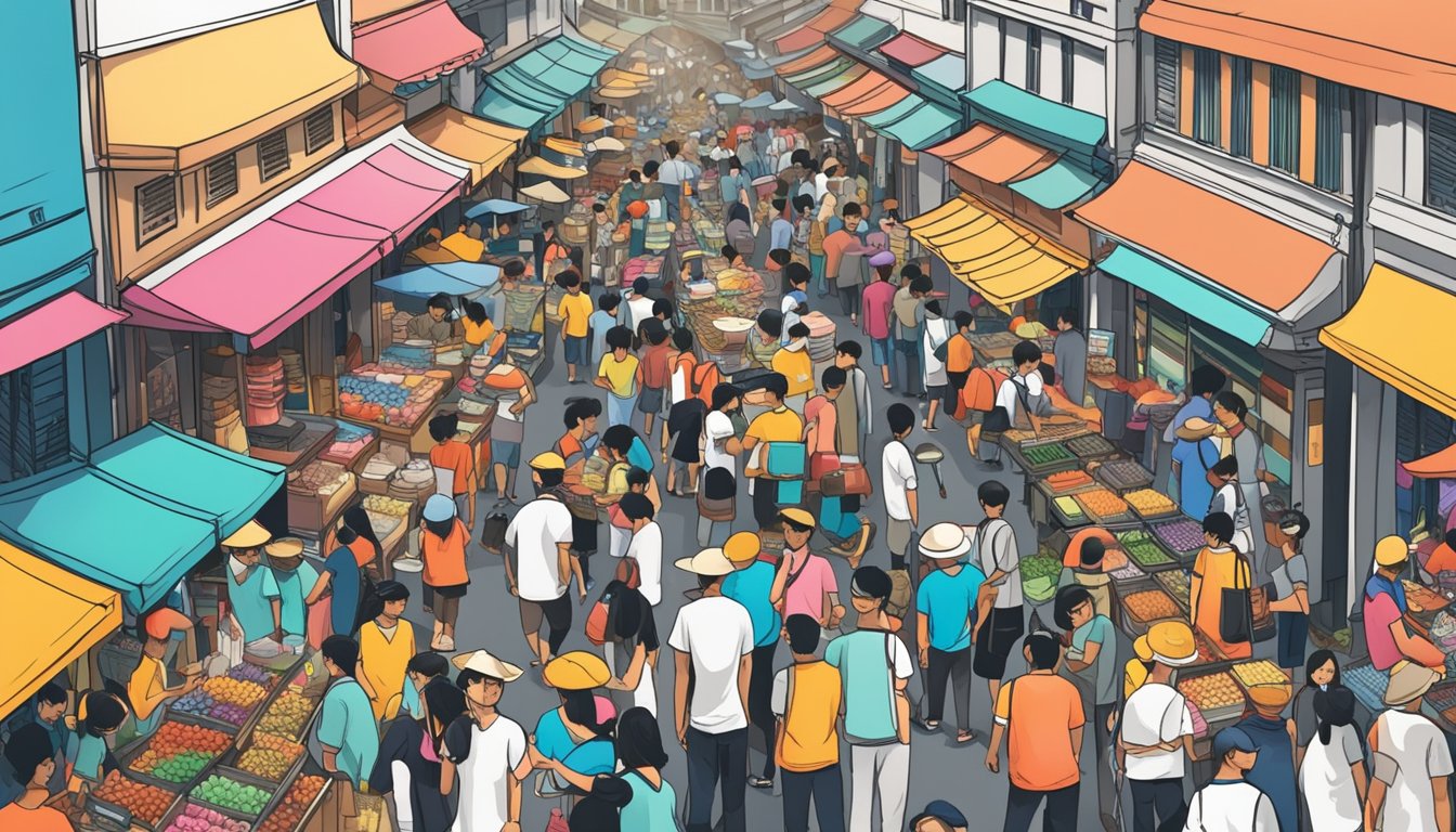 A crowded street market in Singapore, with colorful stalls selling a variety of cheap spectacles. People haggling with vendors, surrounded by bustling activity
