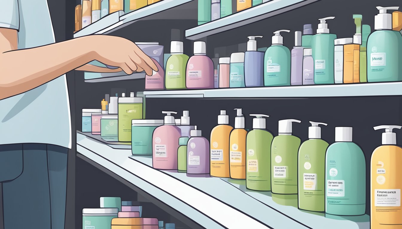 A hand reaching for a variety of face wash bottles on a shelf. Labels display different skin types and concerns. Online shopping tab open on a computer