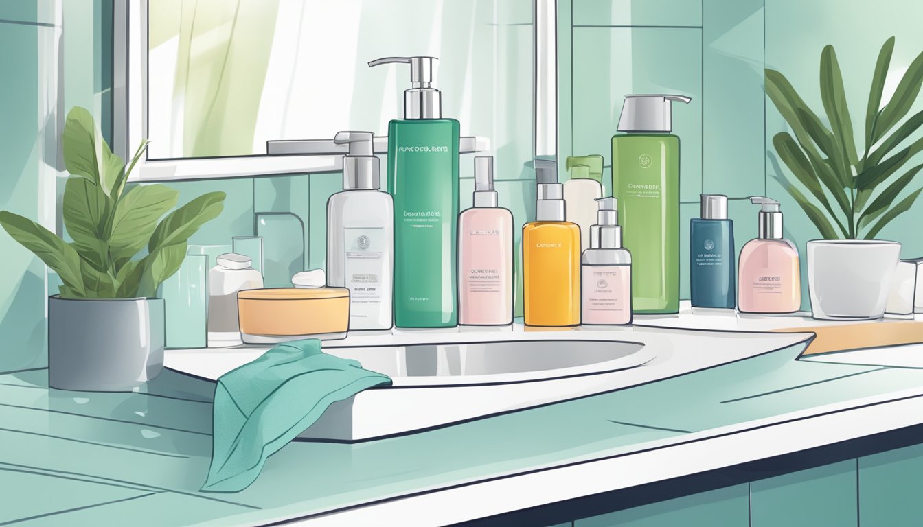 A bathroom counter with various skincare products neatly arranged, including a bottle of face wash, a towel, and a mirror