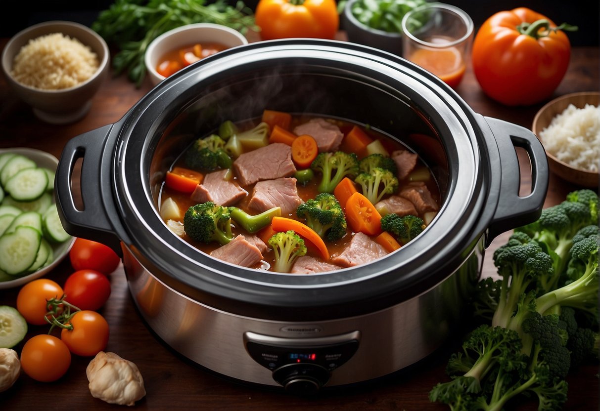 Pork and vegetables simmer in a slow cooker. Steam rises as the meat cooks for hours in a savory Chinese sauce
