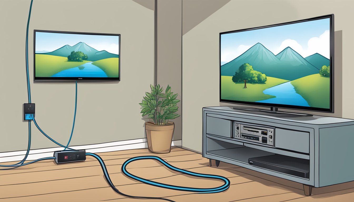 An AV cable connects to an HDMI port on a TV. The cable is plugged in, and the TV screen displays the connected device