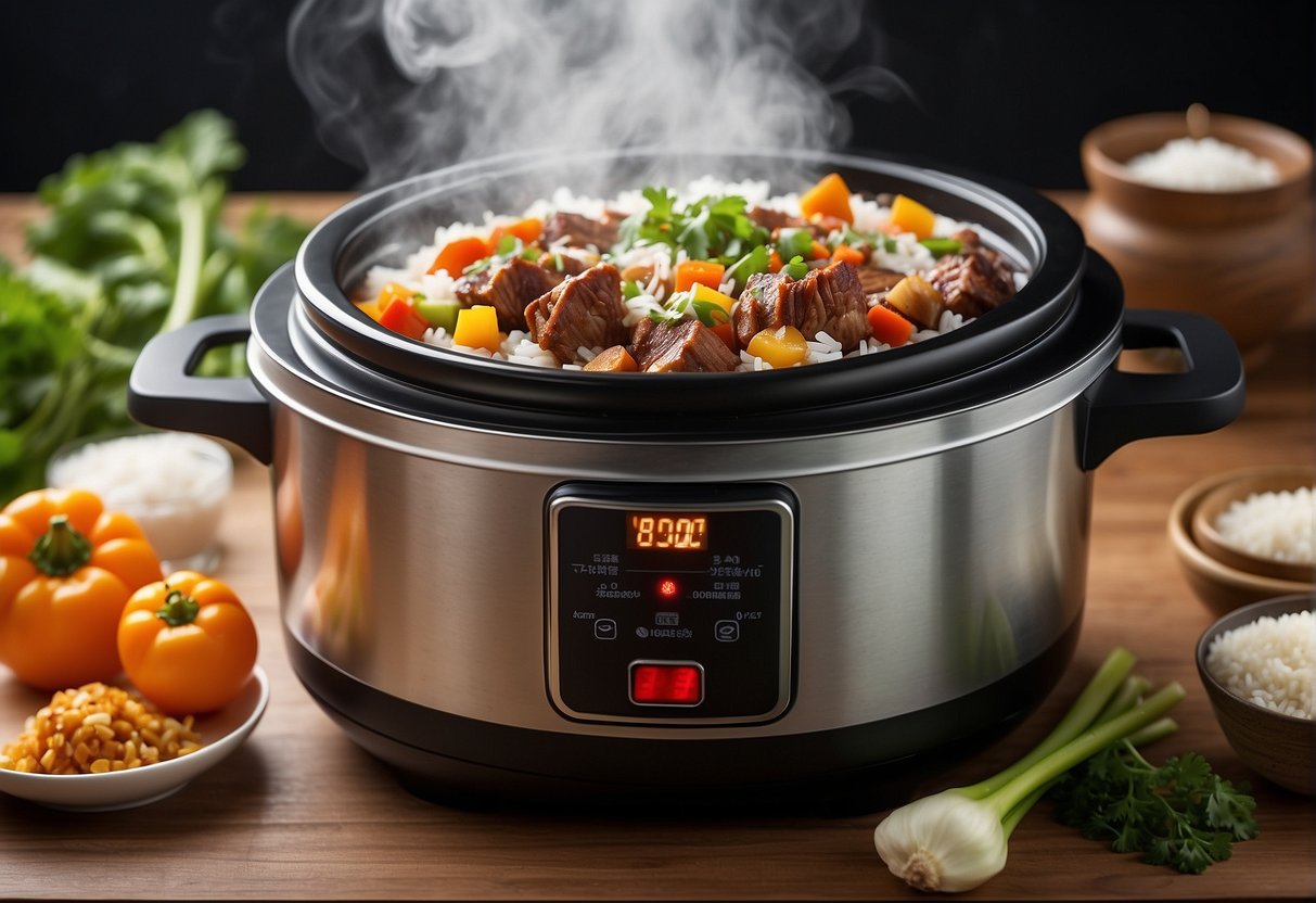 A steaming slow cooker filled with tender Chinese pork, surrounded by vibrant vegetables and a side of fluffy rice
