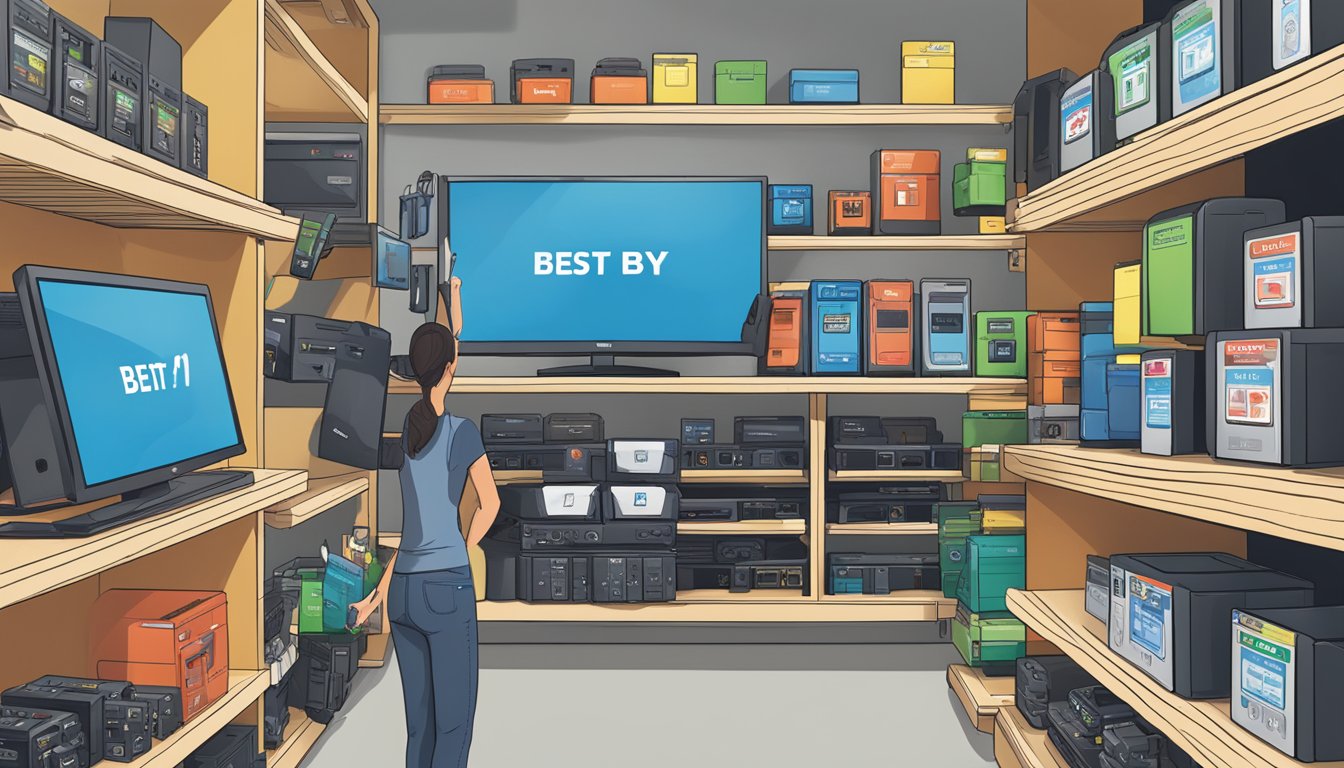 A hand reaches for a variety of AV to HDMI cables and adapters on a store shelf, with labels indicating "best buy" options