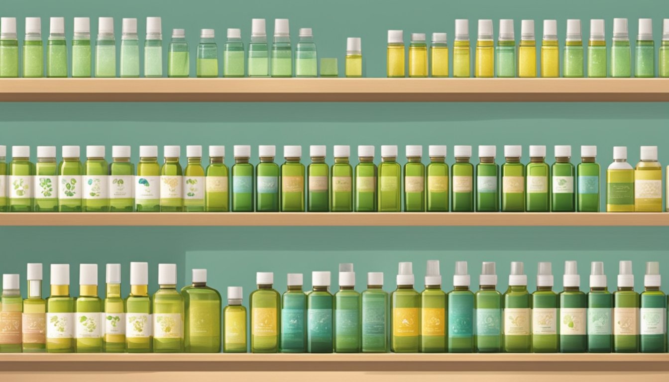 A display of eucalyptus oil bottles on a shelf in a Singaporean store. Brightly lit with clean, modern packaging