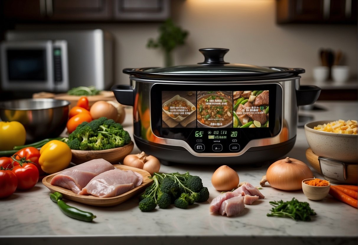 A slow cooker surrounded by various Chinese pork ingredients and a list of frequently asked questions on a computer screen