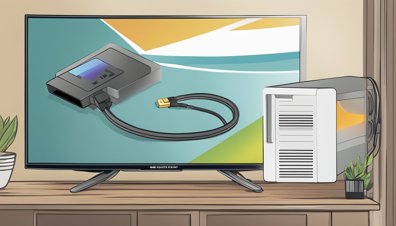 An AV cable plugs into an HDMI port on a TV, with a "Frequently Asked Questions" booklet nearby